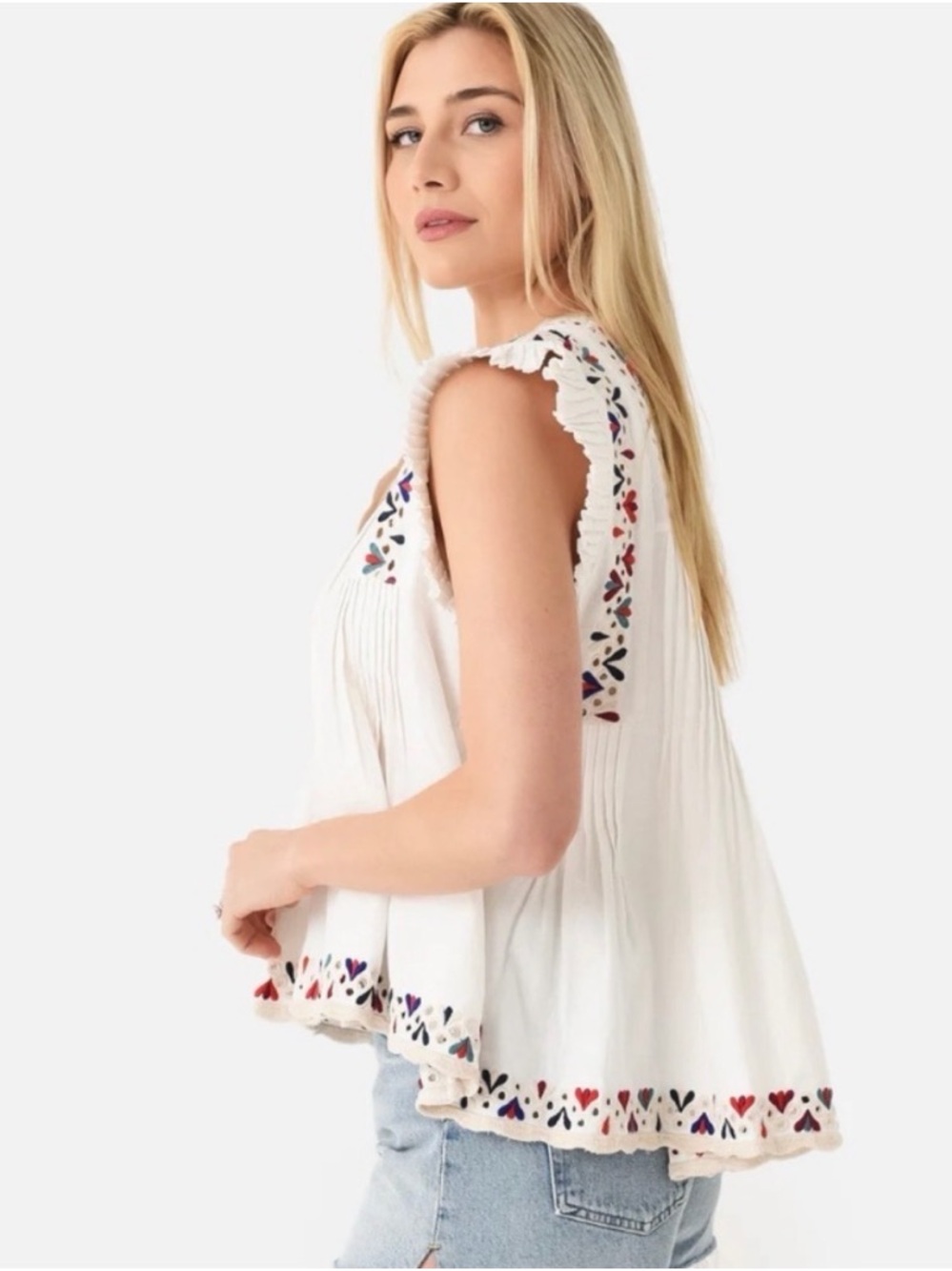 Sea New York White Embroidered Flutter Sleeve Peplum Top with Multicolor Trim